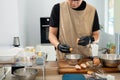 Baker separating eggs preparing for a delicious batch of homemade cookies Royalty Free Stock Photo