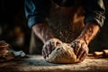 A baker shaping bread dough by hand. Generative AI. Royalty Free Stock Photo