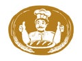 Baker showing thumbs up, bakery badge or label vintage style vector illustration with bread Royalty Free Stock Photo