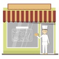 The baker stands at the bakery building. Vector illustration. Royalty Free Stock Photo