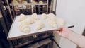 Baker takes out raw croissants from the proofer and sets them to bake in combi steamer. Rising dough