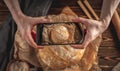A baker is taking pictures of homemade fresh bread on his phone for a post on social networks. Baking bakery products Royalty Free Stock Photo