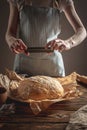 A baker is taking pictures of homemade fresh bread on his phone for a post on social networks. Baking bakery products Royalty Free Stock Photo