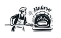 Baker in uniform taking out bread from the oven. Bakery vector illustration Royalty Free Stock Photo