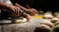 Baker Cutting Dough with Bench Scraper, Bread Making Process, Fresh Dough Balls on Counter Royalty Free Stock Photo