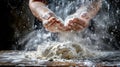A Baker's Hands Amidst Flour Burst. AI generated Royalty Free Stock Photo