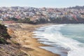 Bakers Beach aerial view over Californian sandy beach near San Francisco Bay, Pacific Ocean, gorgeous seascape, in light