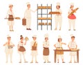 Bakers characters. Cartoon baker woman and man hold bread and bakery meals. Chef cook at job, confectionery and pastry