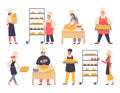 Bakers characters making cakes and bread, flat vector illustration isolated.