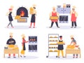 Bakers characters prepare different bread, flat vector illustration isolated.