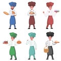 Bakers characters set on white background. Bakery concept. Cooks in uniform with baked goods in hands. Vector