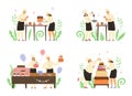 Bakers and confectioners with cakes and pastry, vector illustrations isolated.