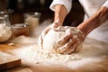 bakers hands kneading bread dough in bakery