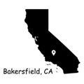 Bakersfield on California State Map. Detailed CA State Map with Location Pin on Bakersfield City. Black silhouette vector map isol
