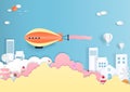 Bakery with airship and cloud paper art background