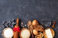 Bakery background with baking ingredients for christmas cooking top view. Flour, brown sugar, eggs and spices top view. Royalty Free Stock Photo