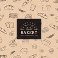 Bakery background, boulangerie goods, doodle pattern. Hand drawn line bread, pretzel and muffin. Simple outline baked