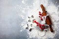 Bakery background for cooking christmas baking with rolling pin and scattered flour decorated with fir tree top view.