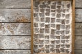 Bakery background. Flour in tray, checkered pattern Royalty Free Stock Photo