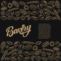 Bakery background with hand drawn bread illustrations. Design element for package, banner, flyer, card.