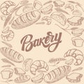 Bakery background with hand drawn bread illustrations. Design element for package, banner, flyer, card.