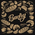 Bakery background with hand drawn bread illustrations. Design element for package, banner, flyer, card.