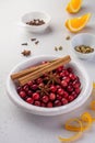Bakery background with ingredients for cooking Christmas baking. Flour, brown sugar, cranberry and spices top view Royalty Free Stock Photo