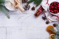 Bakery background with ingredients for cooking Christmas baking. Flour, brown sugar, cranberry and spices top view Royalty Free Stock Photo