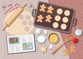 Bakery background with ingredients for cooking christmas baking. Sugar, eggs and spices on kitchen table,top view.