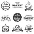 Bakery badge. Fresh bread food label, sweet cake sketch and hand drawn bakery products vector illustration set