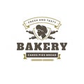 Bakery badge or label retro vector illustration. Baker man or chef in hat silhouette for bakehouse. Royalty Free Stock Photo