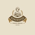 Bakery badge or label retro vector illustration. Baker woman holding basket with bread silhouette for bakehouse. Royalty Free Stock Photo