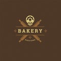 Bakery badge or label retro vector illustration rolling pins and donut silhouettes for bakehouse.