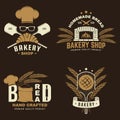 Bakery badge, logo. Vector illustration Typography design with bag with flour, oven, bread shovels, hop and balance