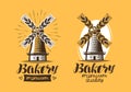 Bakery, bakehouse logo or icon. Bread, mill, windmill label. Lettering vector illustration Royalty Free Stock Photo