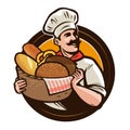 Bakery, bakehouse logo or label. Baker with a wicker basket of freshly baked bread. Vector illustration Royalty Free Stock Photo