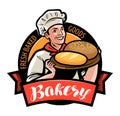 Bakery, bakehouse logo or label. Happy baker or cook with bread in hand. Vector illustration Royalty Free Stock Photo