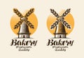 Bakery, bakehouse logo or label. Mill, windmill, ear wheat, bread symbol. Lettering, vintage vector illustration