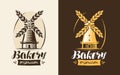 Bakery, bakehouse logo or label. Mill, windmill, wheat, bread icon. Lettering, calligraphy vector illustration