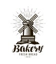 Bakery, bakehouse logo or label. Windmill, mill symbol, vector