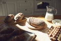 Bakery baker bread. Fresh homemade bread on a table in the kitchen.