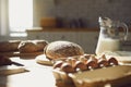 Bakery baker bread. Fresh homemade bread on a table in the kitchen. Royalty Free Stock Photo