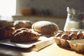 Bakery baker bread. Fresh homemade bread on a table in the kitchen. Royalty Free Stock Photo