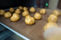 Bakery baker preparing bread cooking in the oven.Bakery close up holding a peel with freshly baked.Activity during quarantine home Royalty Free Stock Photo