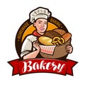 Bakery, bakeshop logo or label. Woman baker holding a wicker basket full of bread. Vector illustration