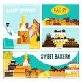 Bakery banner set, vector illustration. Baker man give pastry product to woman flat people. Food element from flour