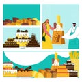 Bakery banner set, vector illustration. Baker man give pastry product to woman flat people. Food element from flour