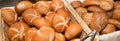 Bakery baskets offering fresh baked bread rolls Royalty Free Stock Photo
