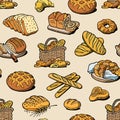 Bakery and bread baking breadstuff meal loaf or baguette baked by baker in bakehouse set illustration seamless pattern