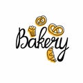 Bakery. Bread homemade emblem. Hand drawn doodle label for bakery food packaging, local product simple stamp, lettering with line